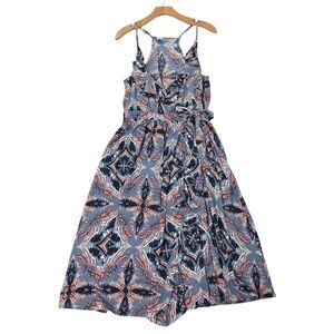 Roxy Midi Wrap Dress Womens Large Blue V- Neck Strappy Belted Artsy Bohemian